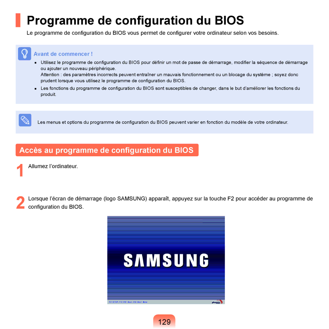 Samsung NP-X22A005/SEF manual Programme de configuration du Bios, Accès au programme de configuration du Bios, 129 