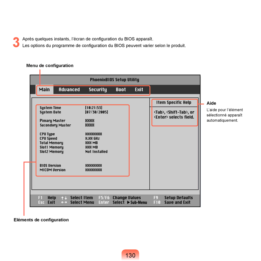 Samsung NP-X22A002/SEF, NP-X22T000/SEF, NP-X22T001/SEF manual 130, Menu de configuration Aide, Eléments de configuration 