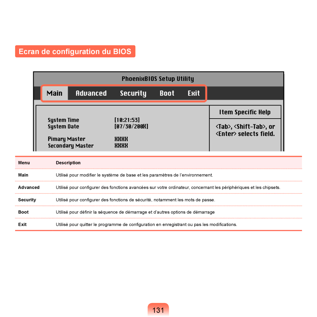 Samsung NP-X22T000/SEF, NP-X22T001/SEF, NP-X22A008/SEF, NP-X22A004/SEF manual Ecran de configuration du Bios, 131, Menu 