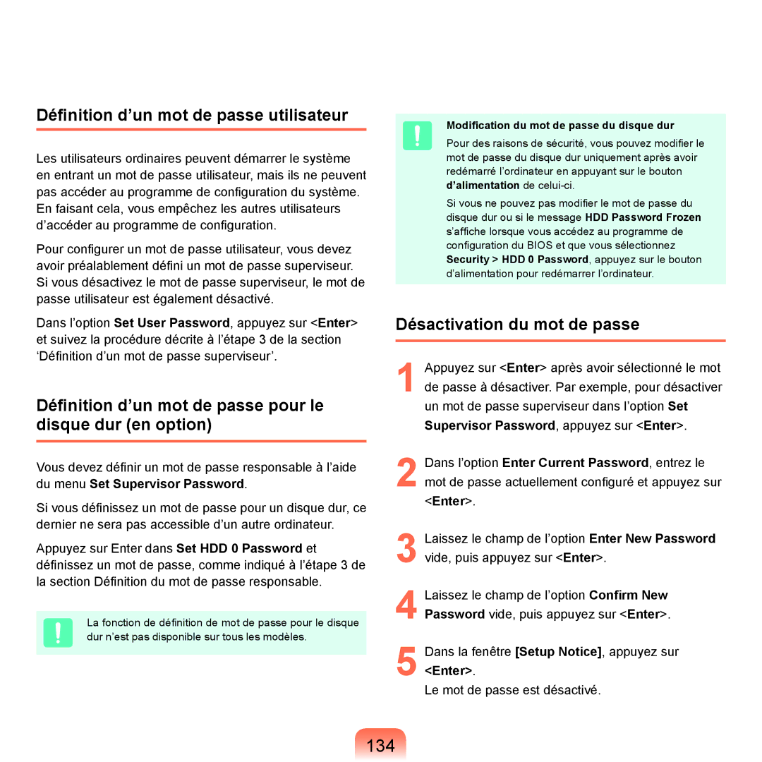 Samsung NP-X22A004/SEF, NP-X22T000/SEF manual 134, Définition d’un mot de passe utilisateur, Désactivation du mot de passe 