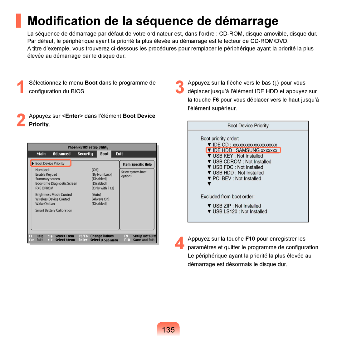 Samsung NP-X22A003/SEF, NP-X22T000/SEF, NP-X22T001/SEF, NP-X22A008/SEF manual Modification de la séquence de démarrage, 135 