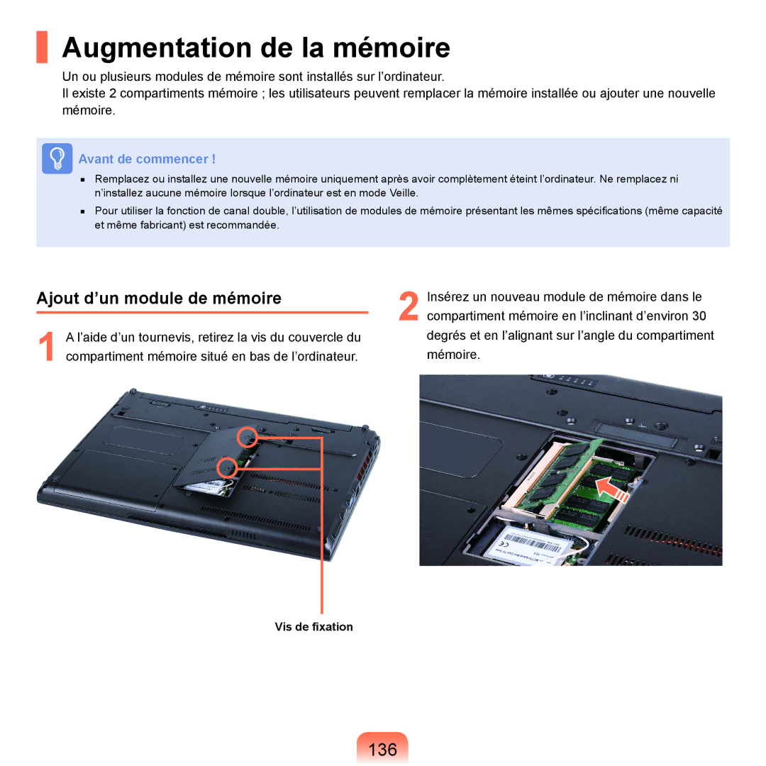 Samsung NP-X22A001/SEF, NP-X22T000/SEF, NP-X22T001/SEF manual Augmentation de la mémoire, 136, Ajout d’un module de mémoire 