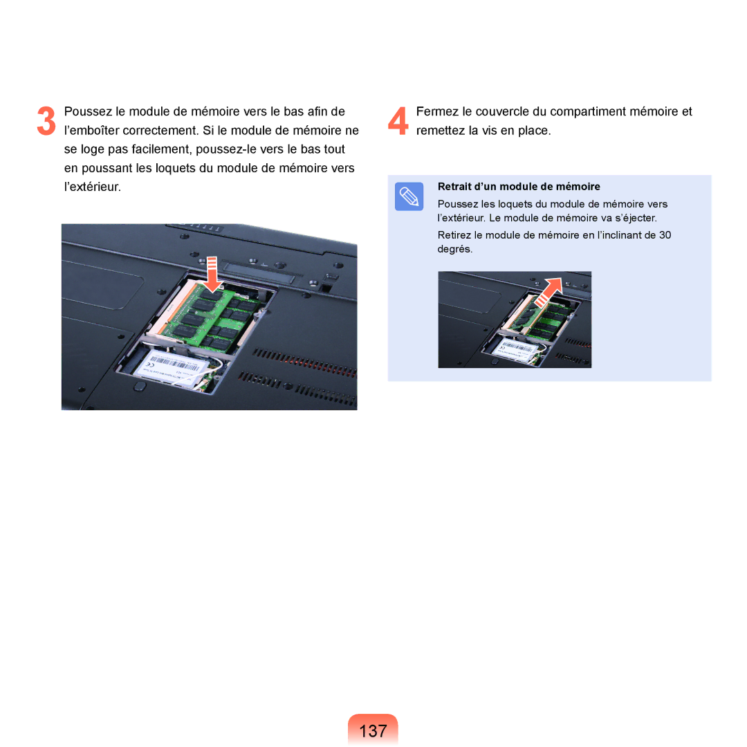 Samsung NP-X22A000/SEF, NP-X22T000/SEF, NP-X22T001/SEF, NP-X22A008/SEF, NP-X22A004/SEF 137, Retrait d’un module de mémoire 