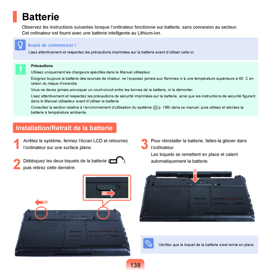 Samsung NP-X22A006/SEF, NP-X22T000/SEF, NP-X22T001/SEF manual Batterie, Installation/Retrait de la batterie, 138, Précautions 