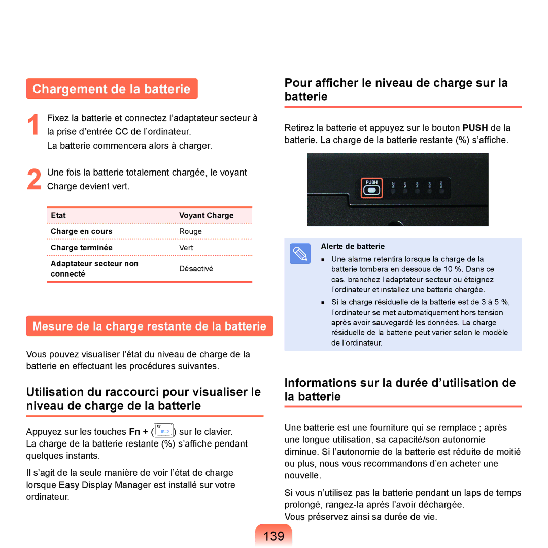 Samsung NP-X22A009/SEF, NP-X22T000/SEF Chargement de la batterie, 139, Pour afficher le niveau de charge sur la batterie 