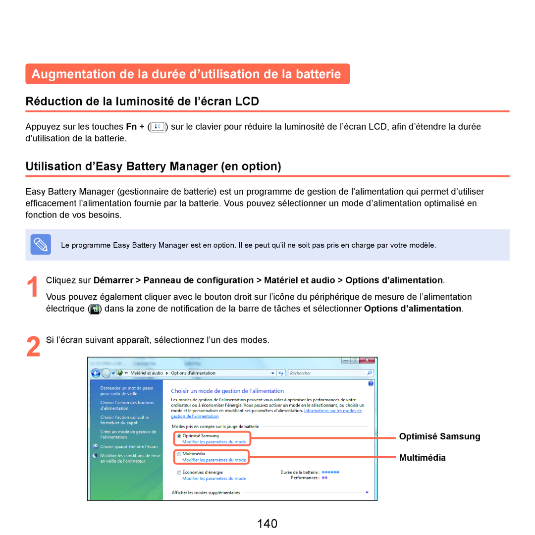 Samsung NP-X22A007/SEF manual Augmentation de la durée d’utilisation de la batterie, 140, Optimisé Samsung Multimédia 