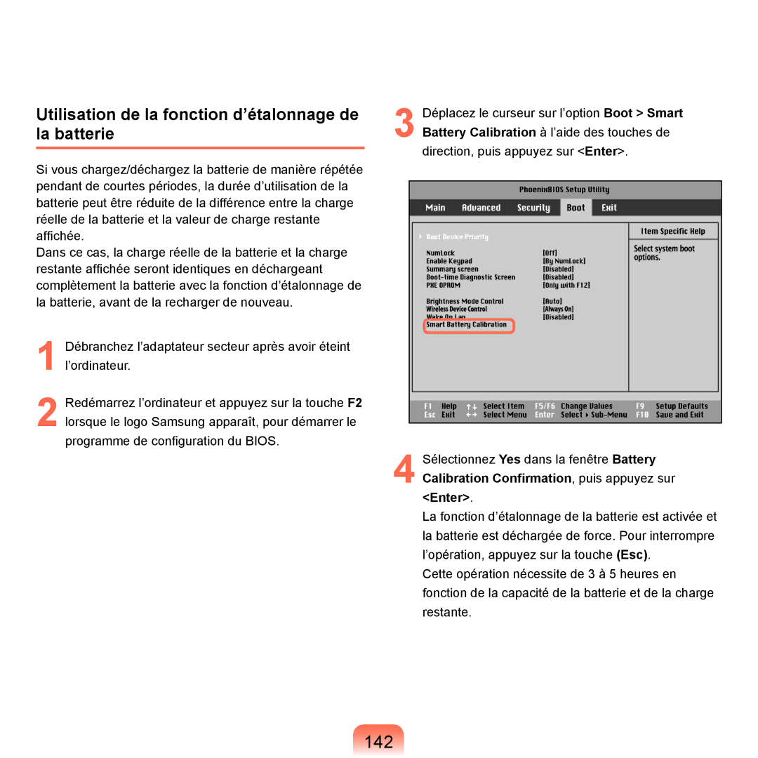 Samsung NP-X22A002/SEF, NP-X22T000/SEF, NP-X22T001/SEF manual 142, Utilisation de la fonction d’étalonnage de la batterie 