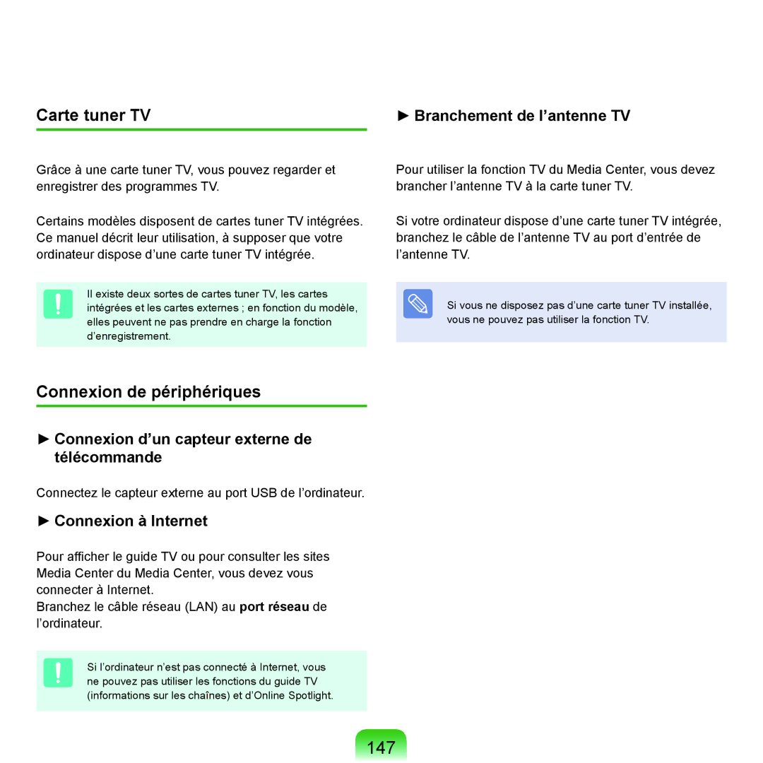 Samsung NP-X22A003/SEF, NP-X22T000/SEF, NP-X22T001/SEF, NP-X22A008/SEF manual 147, Carte tuner TV, Connexion de périphériques 