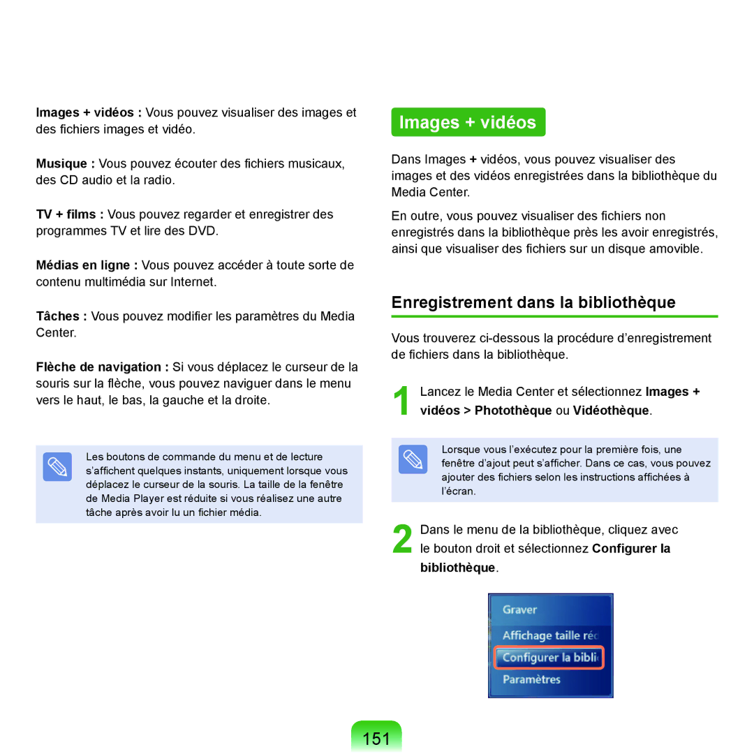 Samsung NP-X22A009/SEF, NP-X22T000/SEF, NP-X22T001/SEF manual Images + vidéos, 151, Enregistrement dans la bibliothèque 