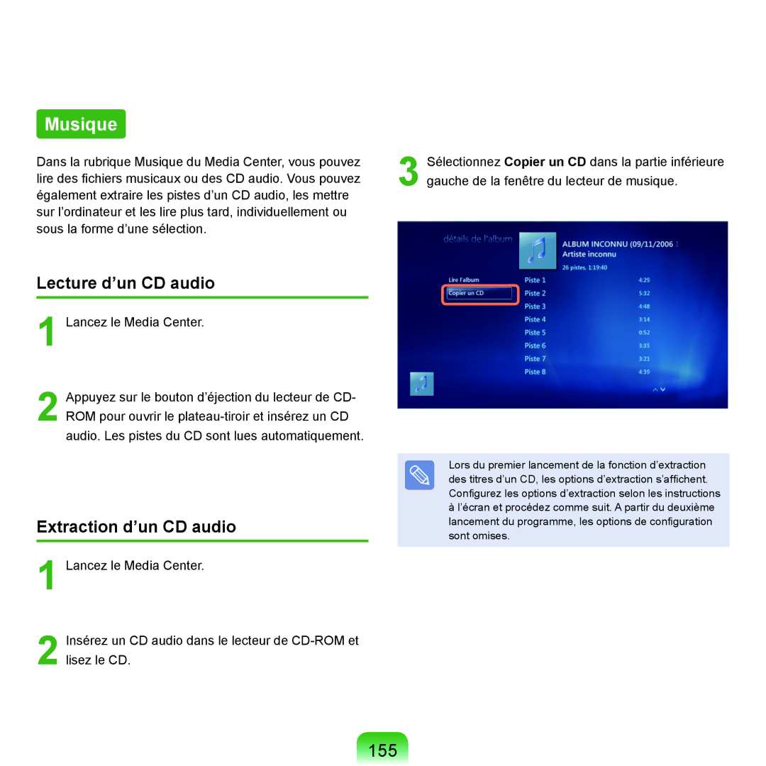 Samsung NP-X22T000/SEF, NP-X22T001/SEF, NP-X22A008/SEF, NP-X22A004/SEF, NP-X22A003/SEF Musique, 155, Extraction d’un CD audio 