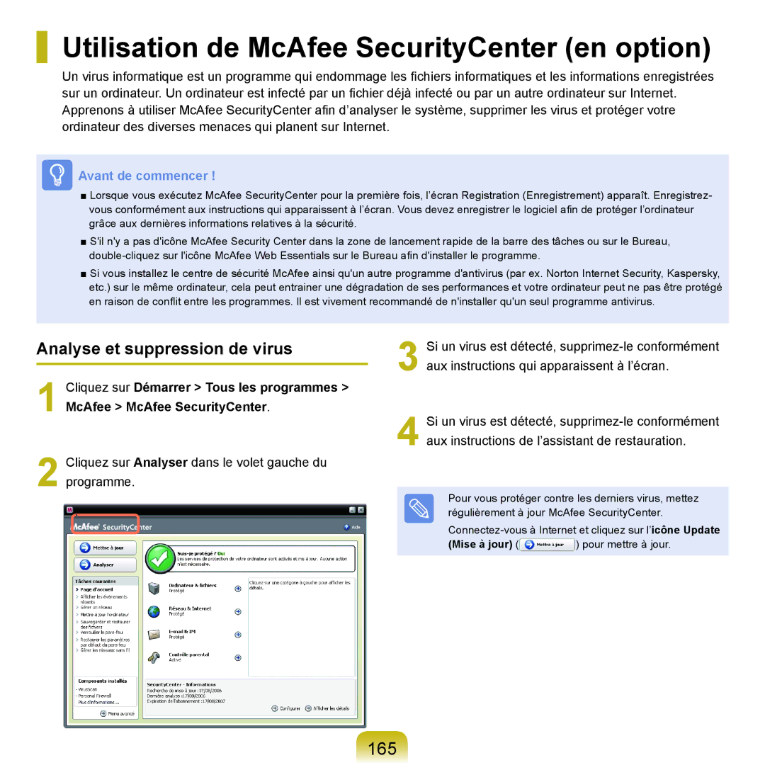 Samsung NP-X22A005/SEF Utilisation de McAfee SecurityCenter en option, 165, Analyse et suppression de virus, Mise à jour 