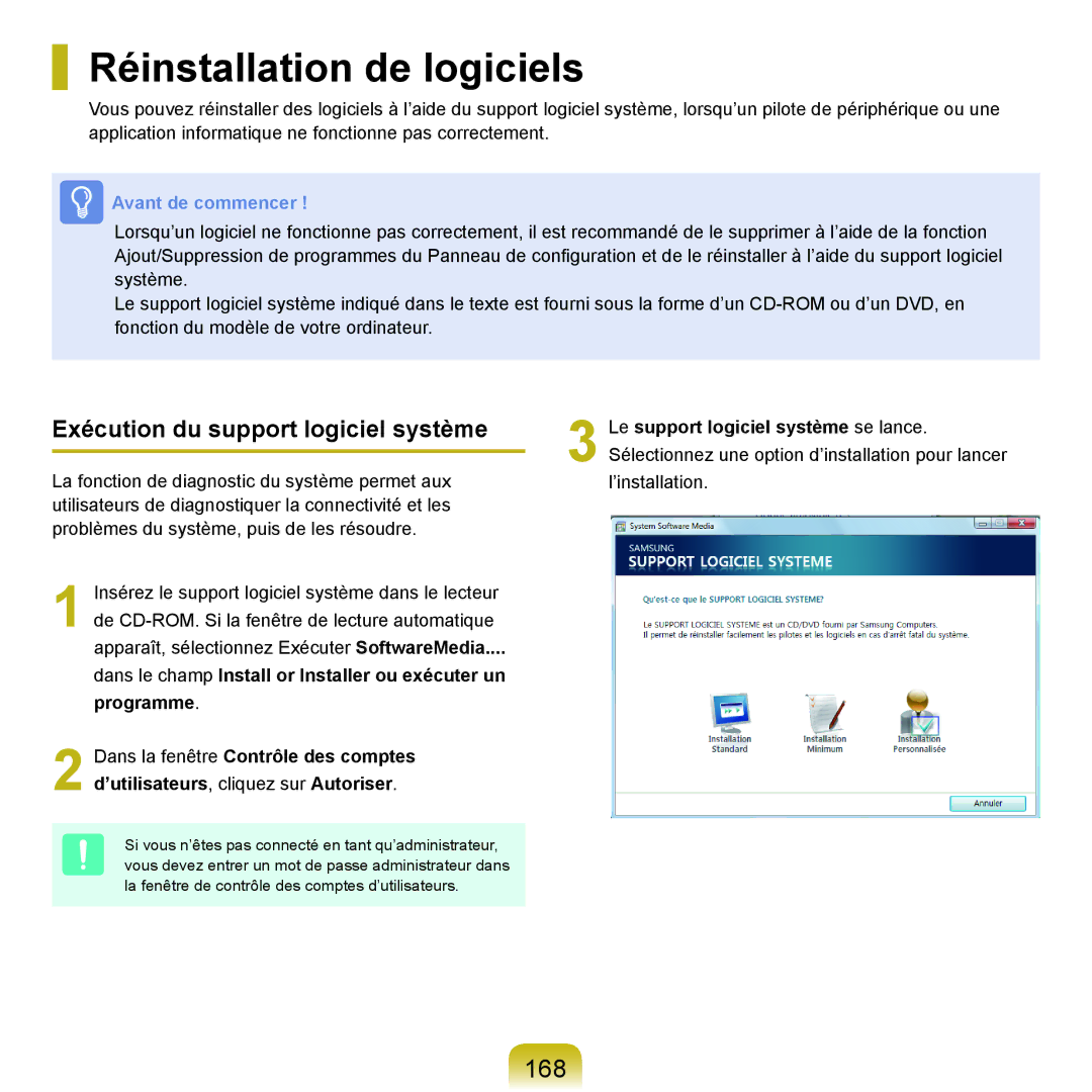 Samsung NP-X22T001/SEF, NP-X22T000/SEF manual Réinstallation de logiciels, 168, Exécution du support logiciel système 