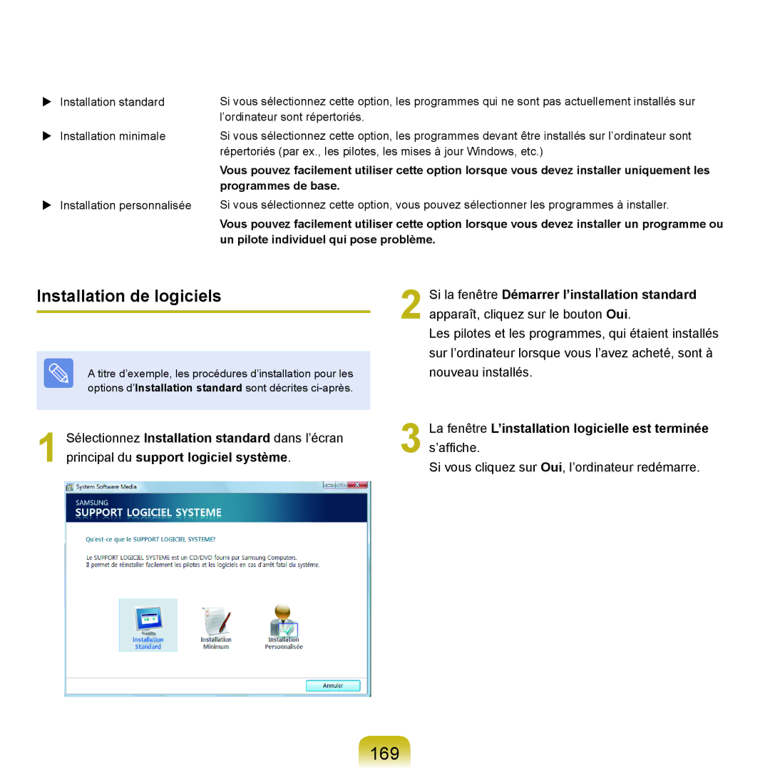 Samsung NP-X22A008/SEF manual 169, Installation de logiciels, La fenêtre L’installation logicielle est terminée s’affiche 