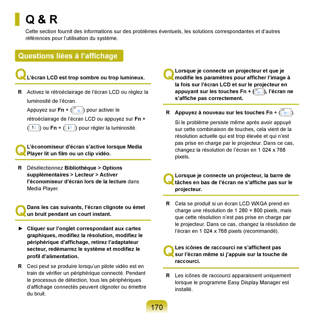 Samsung NP-X22A004/SEF, NP-X22T000/SEF Questions liées à l’affichage, 170, QL’écran LCD est trop sombre ou trop lumineux 