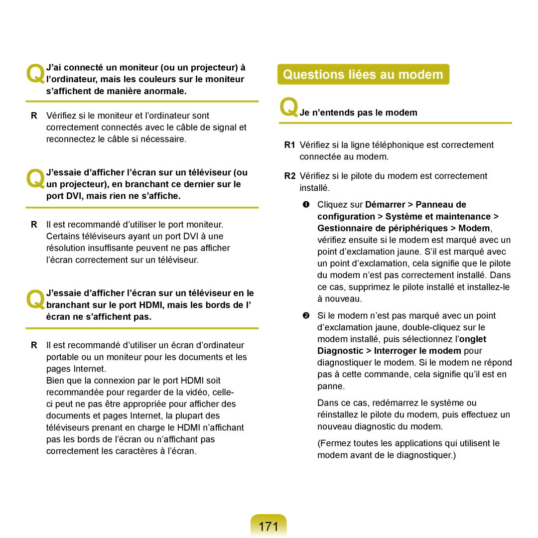 Samsung NP-X22A003/SEF, NP-X22T000/SEF, NP-X22T001/SEF manual Questions liées au modem, 171, QJe n’entends pas le modem 