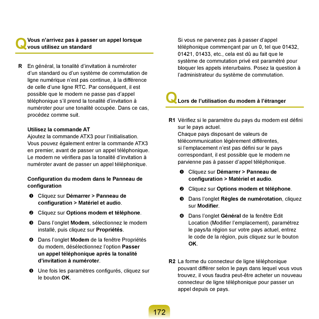 Samsung NP-X22A001/SEF, NP-X22T000/SEF manual 172, Utilisez la commande AT, QLors de l’utilisation du modem à l’étranger 