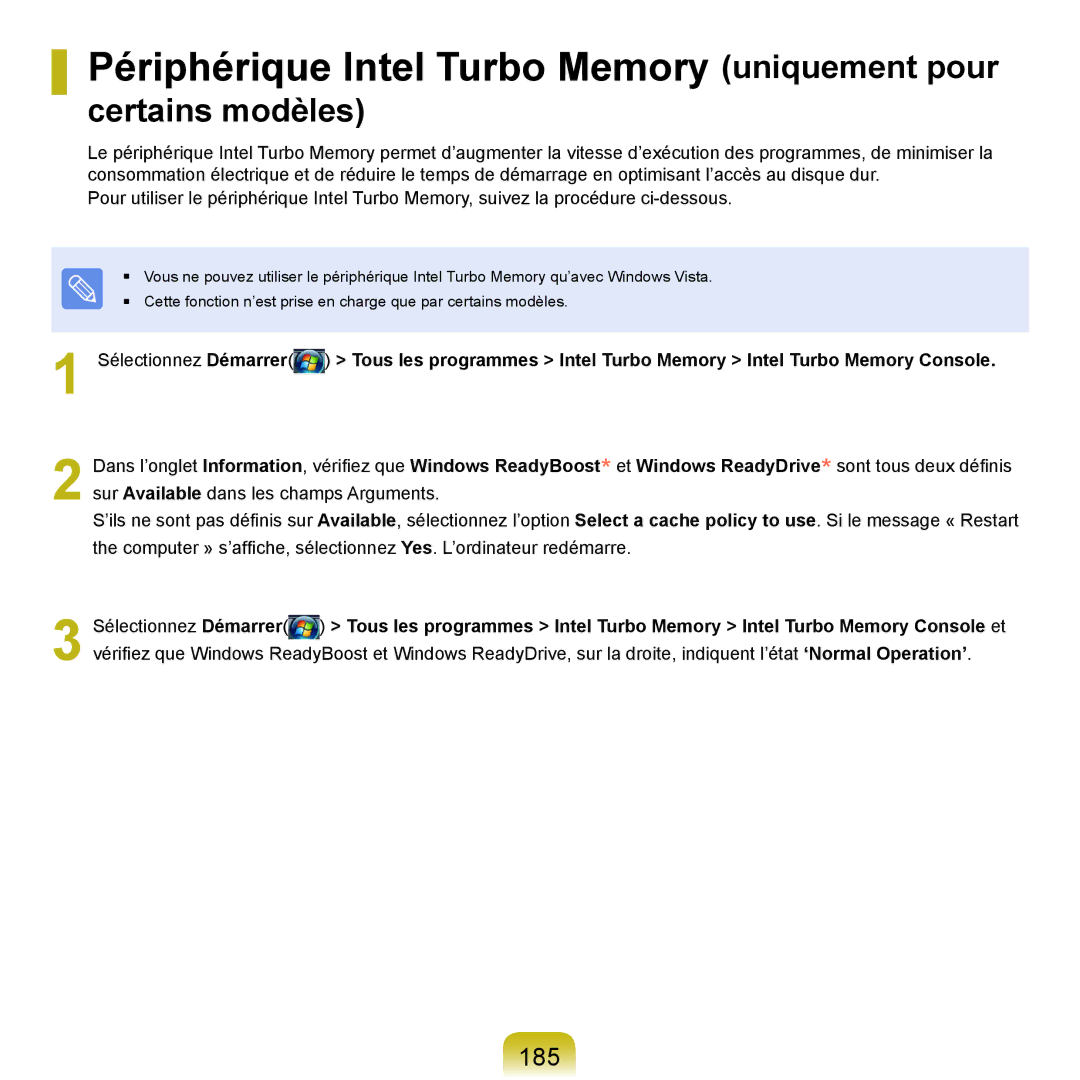 Samsung NP-X22A000/SEF, NP-X22T000/SEF, NP-X22T001/SEF, NP-X22A008/SEF Périphérique Intel Turbo Memory uniquement pour, 185 