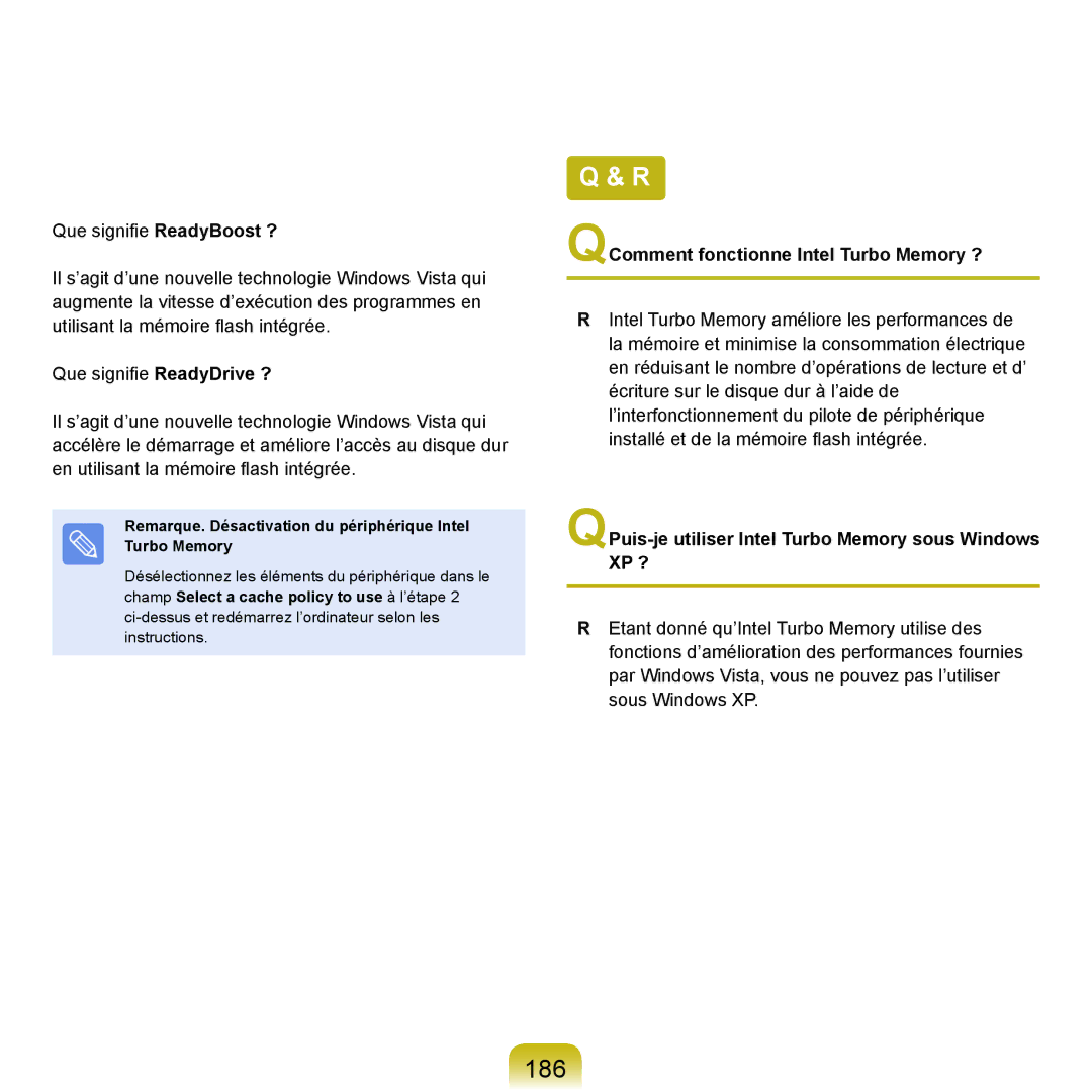 Samsung NP-X22A006/SEF, NP-X22T000/SEF, NP-X22T001/SEF, NP-X22A008/SEF manual 186, QComment fonctionne Intel Turbo Memory ? 