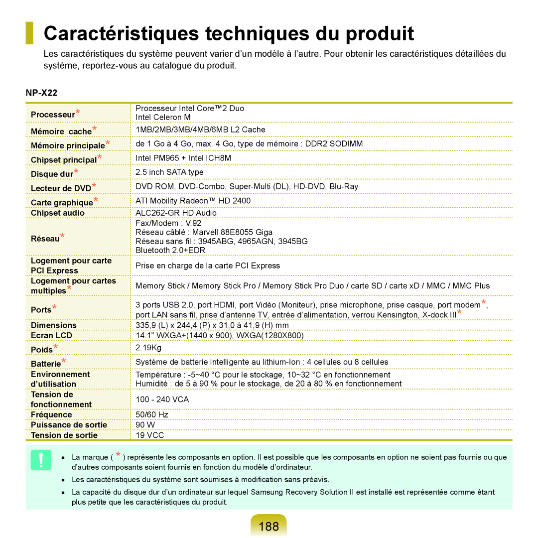 Samsung NP-X22A007/SEF, NP-X22T000/SEF, NP-X22T001/SEF, NP-X22A008/SEF manual Caractéristiques techniques du produit, 188 