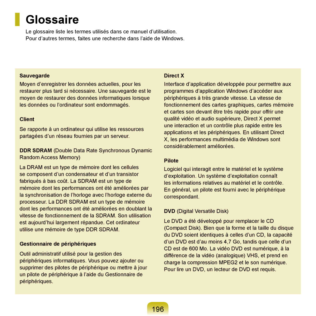 Samsung NP-X22A001/SEF, NP-X22T000/SEF, NP-X22T001/SEF, NP-X22A008/SEF, NP-X22A004/SEF, NP-X22A003/SEF manual Glossaire, 196 