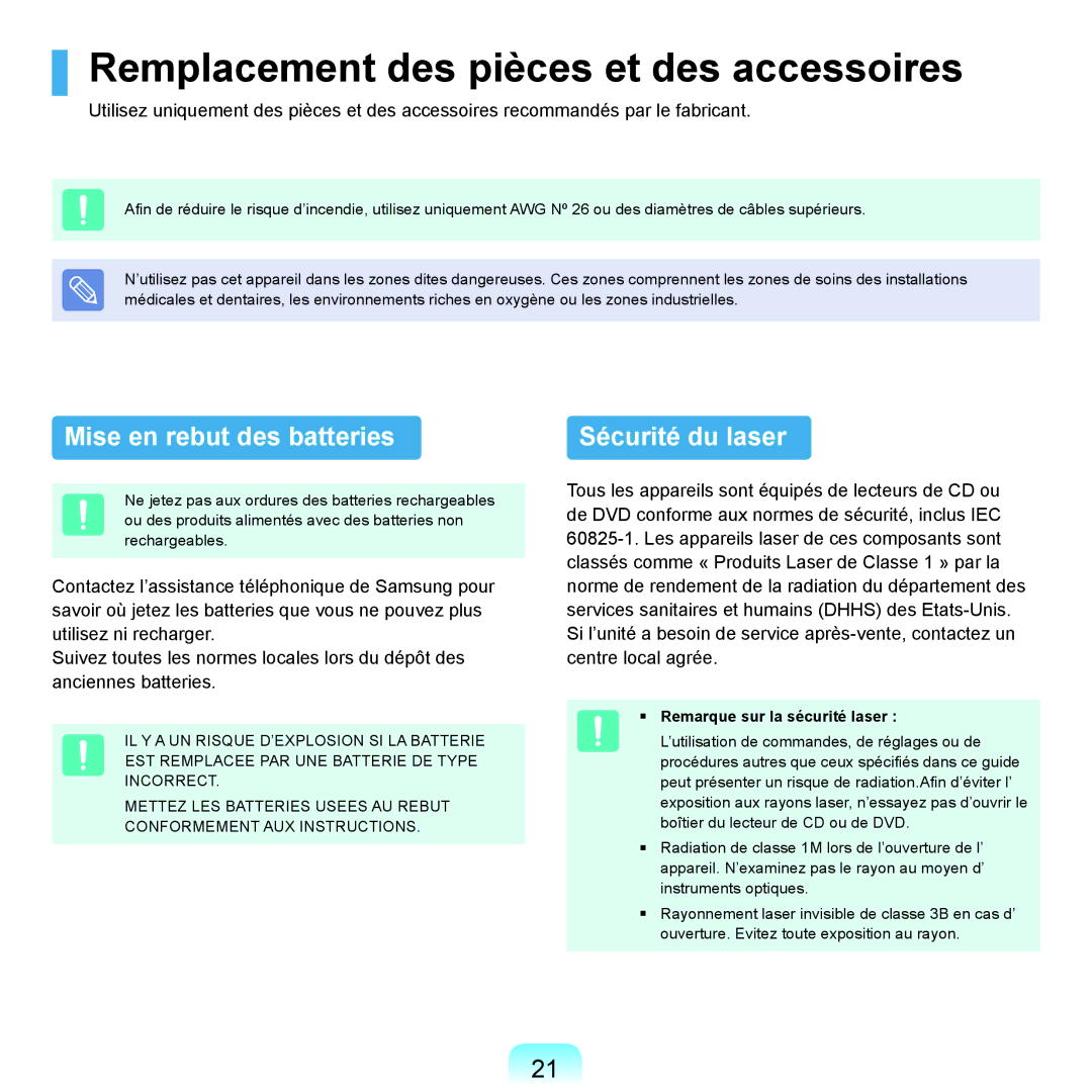 Samsung NP-X22A005/SEF manual Remplacement des pièces et des accessoires, Mise en rebut des batteries, Sécurité du laser 