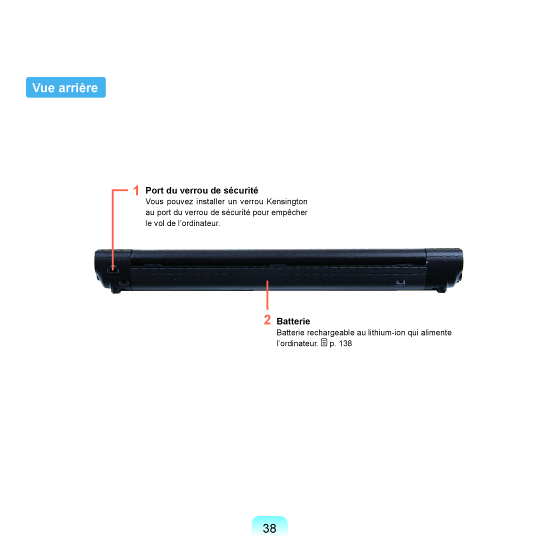 Samsung NP-X22A004/SEF, NP-X22T000/SEF, NP-X22T001/SEF, NP-X22A008/SEF Vue arrière, Port du verrou de sécurité, Batterie 