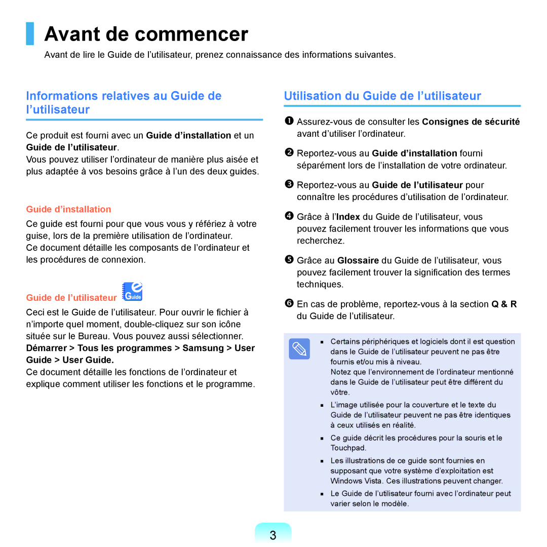 Samsung NP-X22A003/SEF, NP-X22T000/SEF, NP-X22T001/SEF Avant de commencer, Informations relatives au Guide de l’utilisateur 