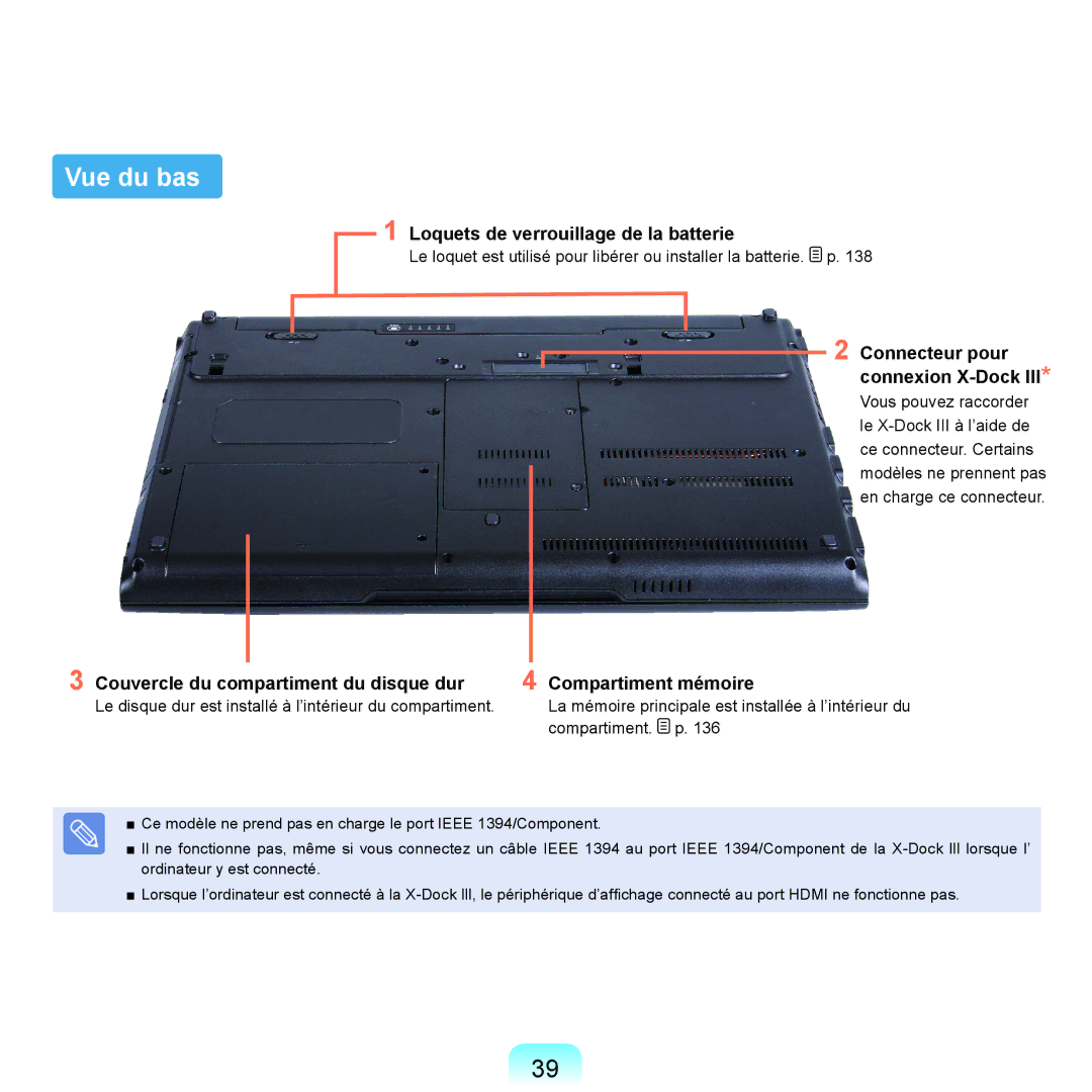 Samsung NP-X22A003/SEF manual Vue du bas, Loquets de verrouillage de la batterie, Connecteur pour connexion X-Dock 