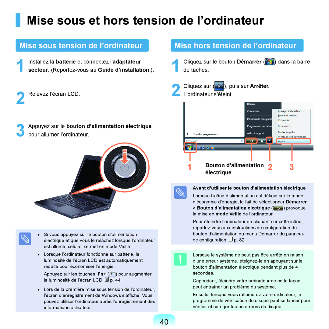 Samsung NP-X22A001/SEF, NP-X22T000/SEF manual Mise sous et hors tension de l’ordinateur, Mise sous tension de l’ordinateur 