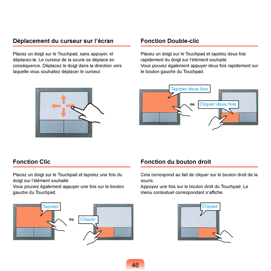 Samsung NP-X22A002/SEF Déplacement du curseur sur l’écran, Fonction Double-clic, Fonction Clic, Fonction du bouton droit 