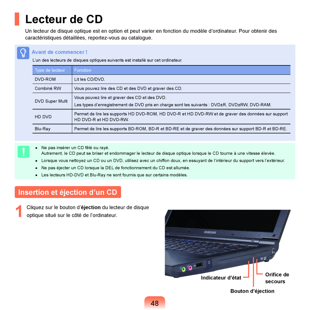 Samsung NP-X22T001/SEF, NP-X22T000/SEF, NP-X22A008/SEF, NP-X22A004/SEF manual Lecteur de CD, Insertion et éjection d’un CD 