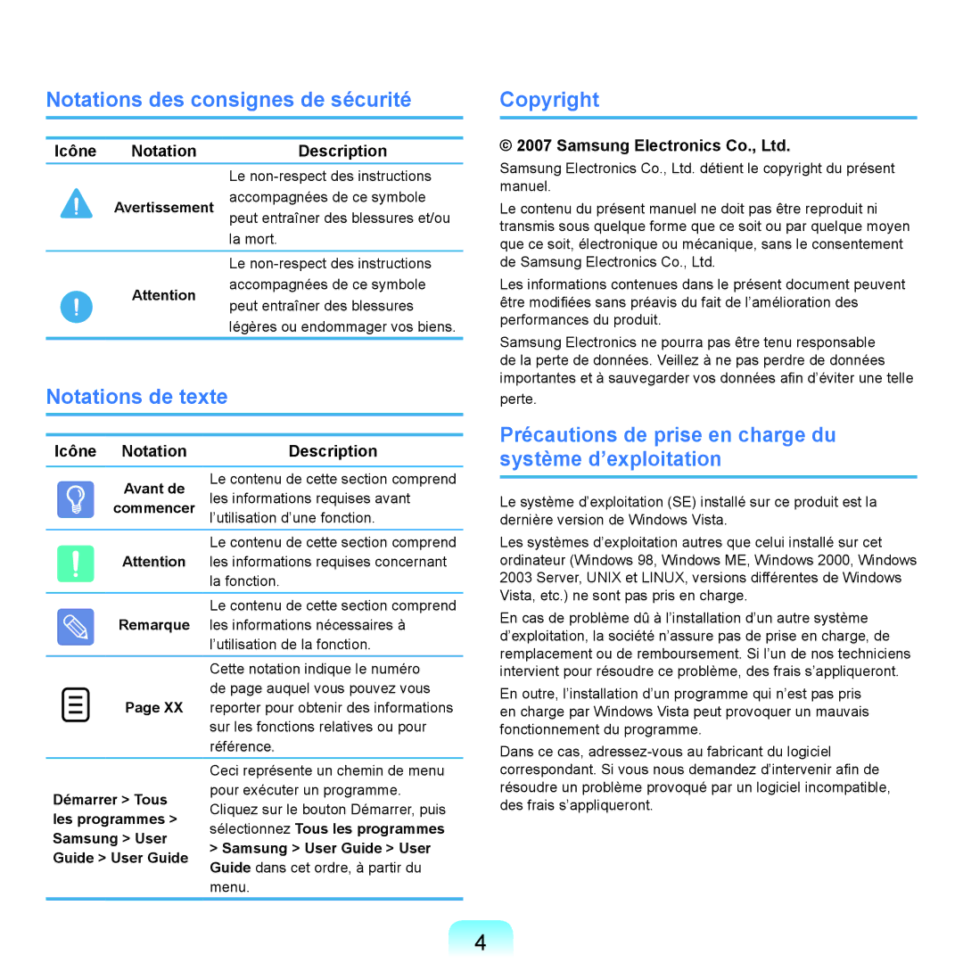 Samsung NP-X22A001/SEF Notations des consignes de sécurité, Notations de texte, Copyright, Icône Notation Description 