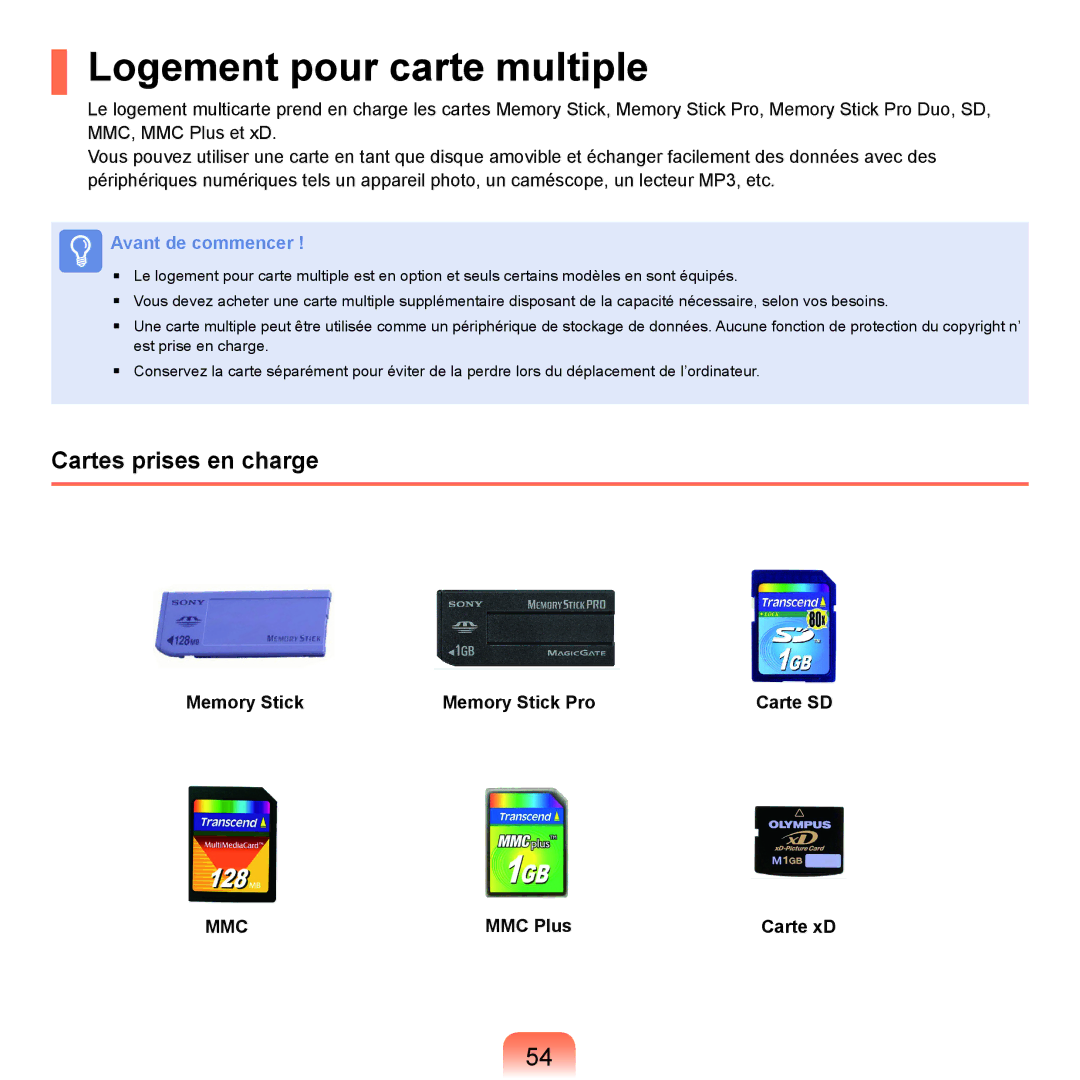 Samsung NP-X22A006/SEF manual Logement pour carte multiple, Cartes prises en charge, Memory Stick Memory Stick Pro Carte SD 