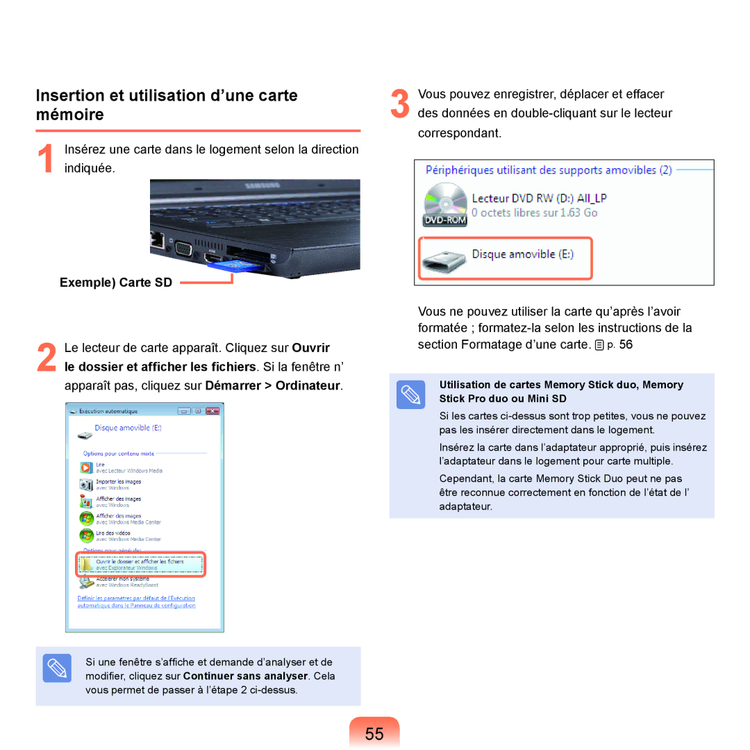 Samsung NP-X22A009/SEF, NP-X22T000/SEF, NP-X22T001/SEF manual Insertion et utilisation d’une carte mémoire, Exemple Carte SD 