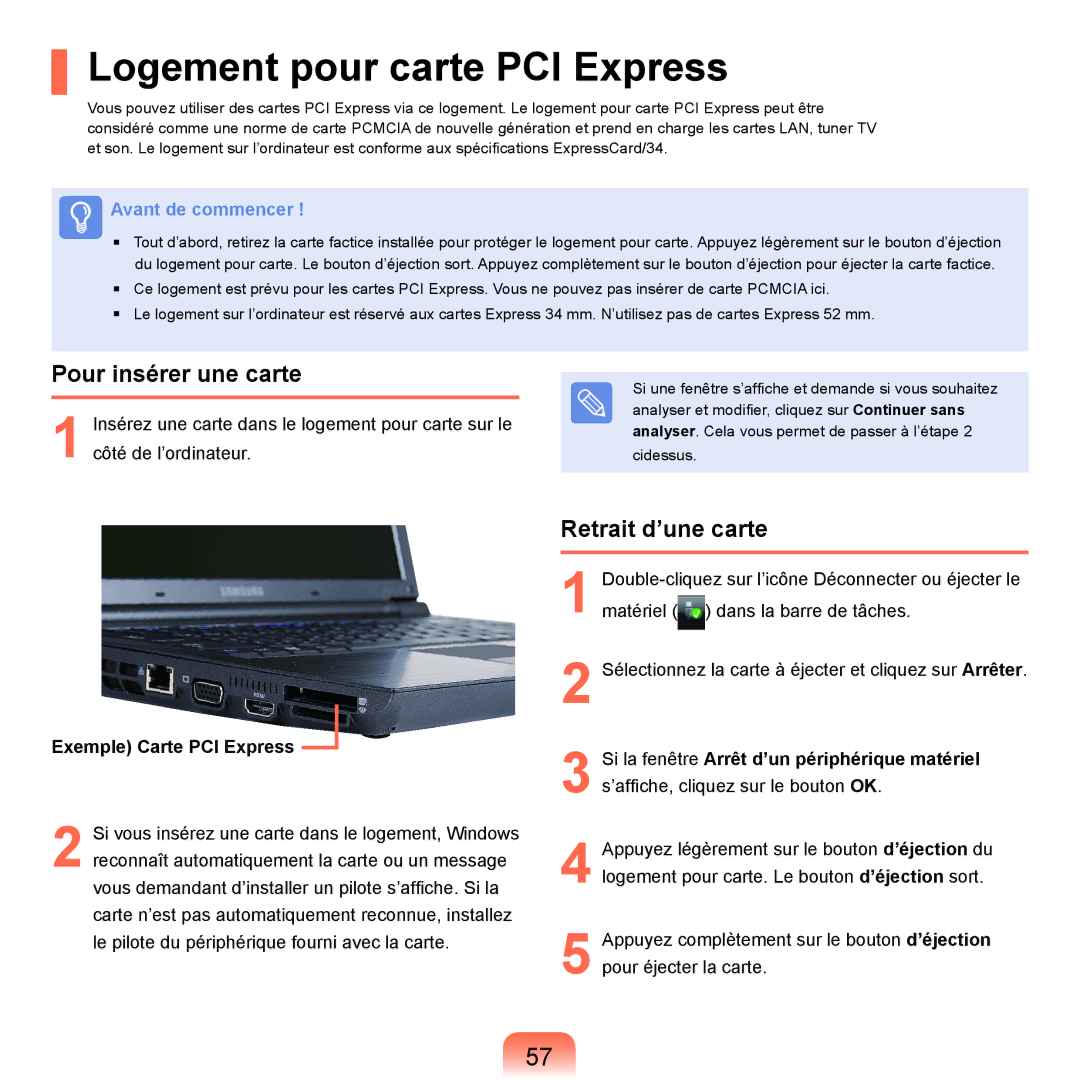 Samsung NP-X22A005/SEF, NP-X22T000/SEF manual Logement pour carte PCI Express, Pour insérer une carte, Retrait d’une carte 