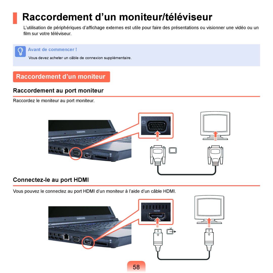 Samsung NP-X22A002/SEF Raccordement d’un moniteur/téléviseur, Raccordement au port moniteur, Connectez-le au port Hdmi 