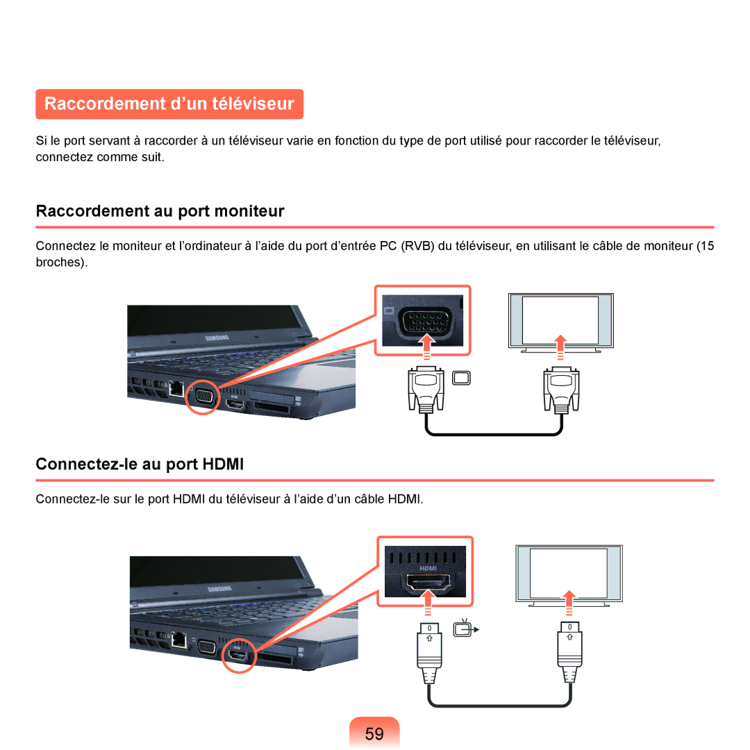 Samsung NP-X22T000/SEF, NP-X22T001/SEF, NP-X22A008/SEF, NP-X22A004/SEF, NP-X22A003/SEF manual Raccordement d’un téléviseur 