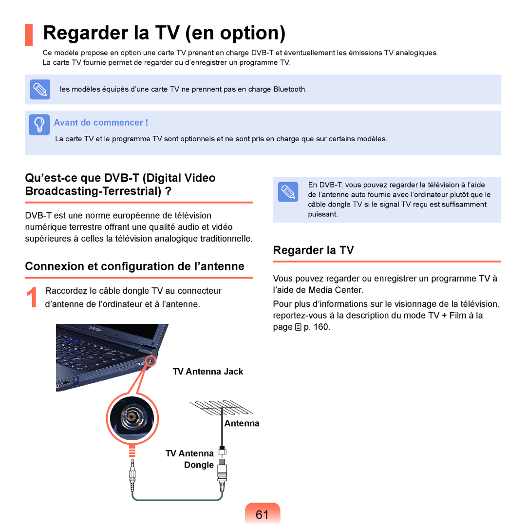 Samsung NP-X22A008/SEF manual Regarder la TV en option, Connexion et configuration de l’antenne, TV Antenna Jack Dongle 