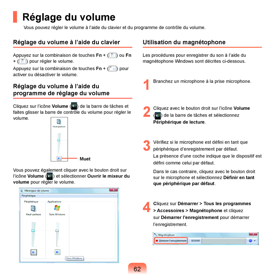 Samsung NP-X22A004/SEF, NP-X22T000/SEF manual Réglage du volume à l’aide du clavier, Utilisation du magnétophone 