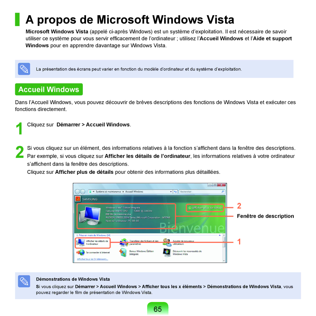 Samsung NP-X22A000/SEF Propos de Microsoft Windows Vista, Cliquez sur Démarrer Accueil Windows, Fenêtre de description 