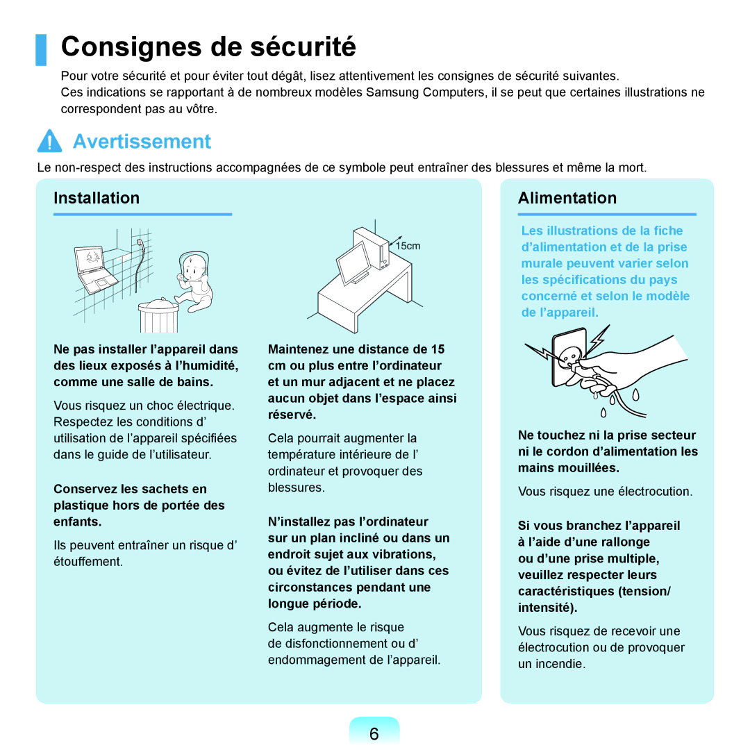 Samsung NP-X22A006/SEF, NP-X22T000/SEF, NP-X22T001/SEF, NP-X22A008/SEF manual Consignes de sécurité, Installation Alimentation 