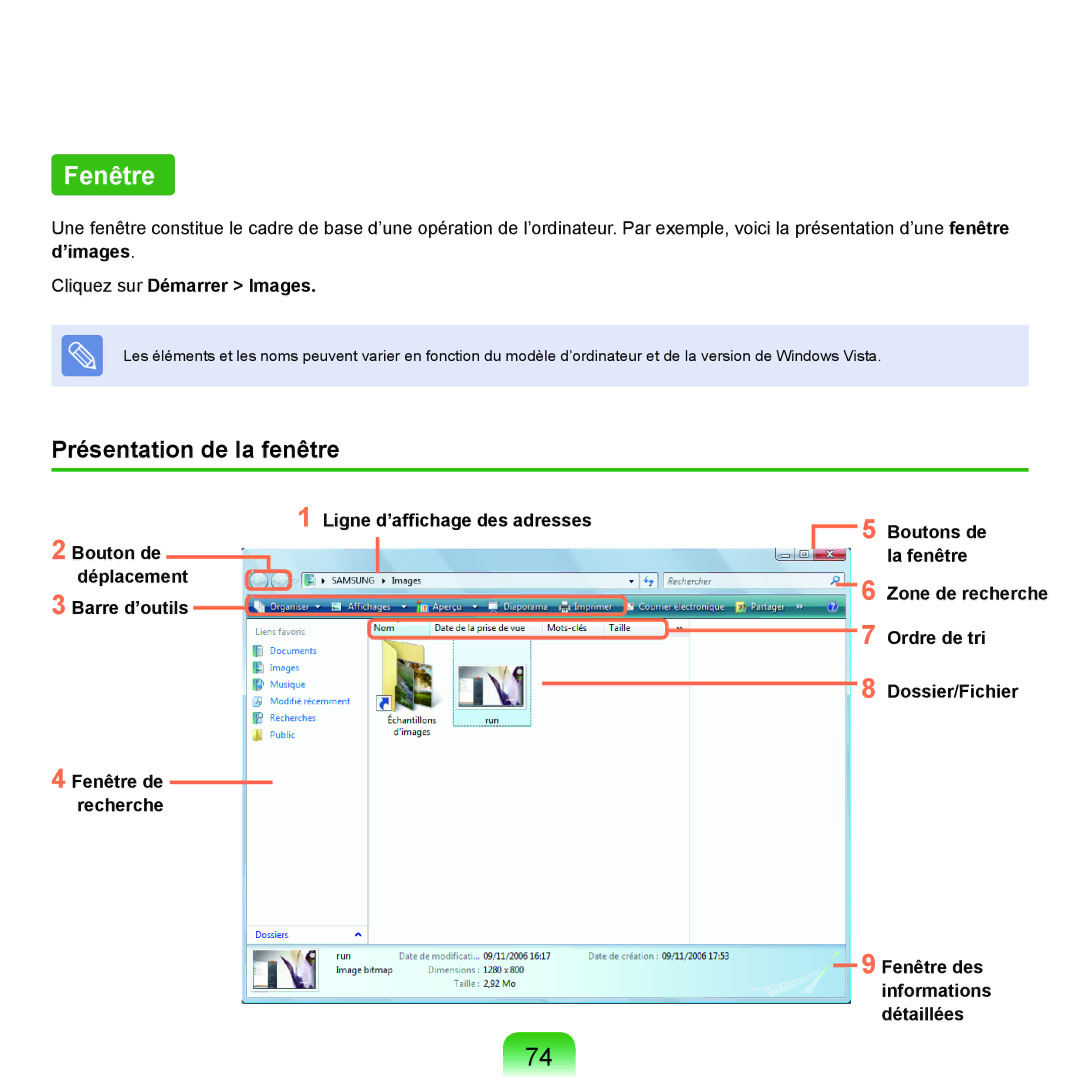 Samsung NP-X22A004/SEF, NP-X22T000/SEF manual Fenêtre, Présentation de la fenêtre, ’images Cliquez sur Démarrer Images 