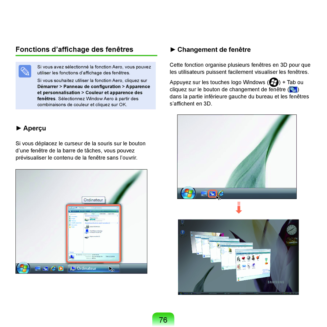 Samsung NP-X22A001/SEF, NP-X22T000/SEF, NP-X22T001/SEF, NP-X22A008/SEF manual Fonctions d’affichage des fenêtres, Aperçu 