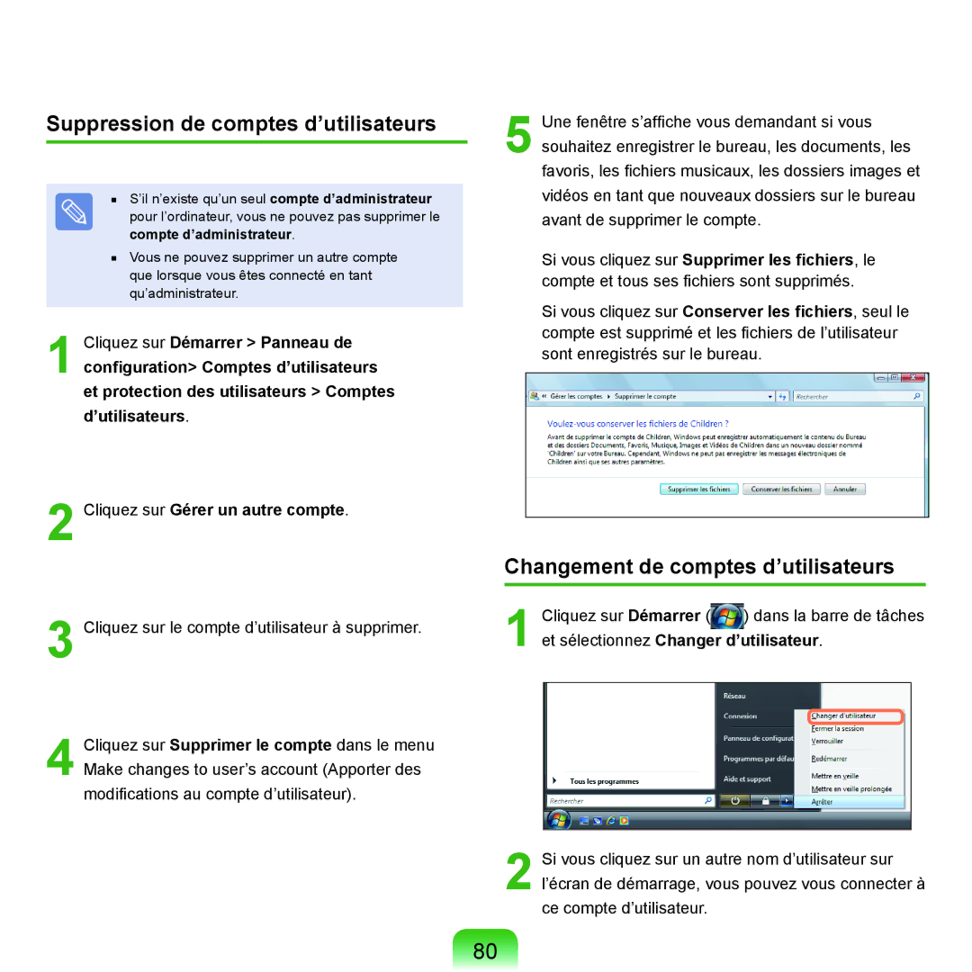 Samsung NP-X22A007/SEF, NP-X22T000/SEF manual Suppression de comptes d’utilisateurs, Changement de comptes d’utilisateurs 