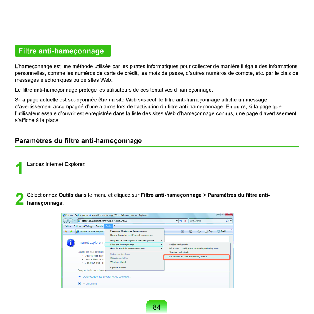 Samsung NP-X22T001/SEF, NP-X22T000/SEF, NP-X22A008/SEF manual Filtre anti-hameçonnage, Paramètres du filtre anti-hameçonnage 