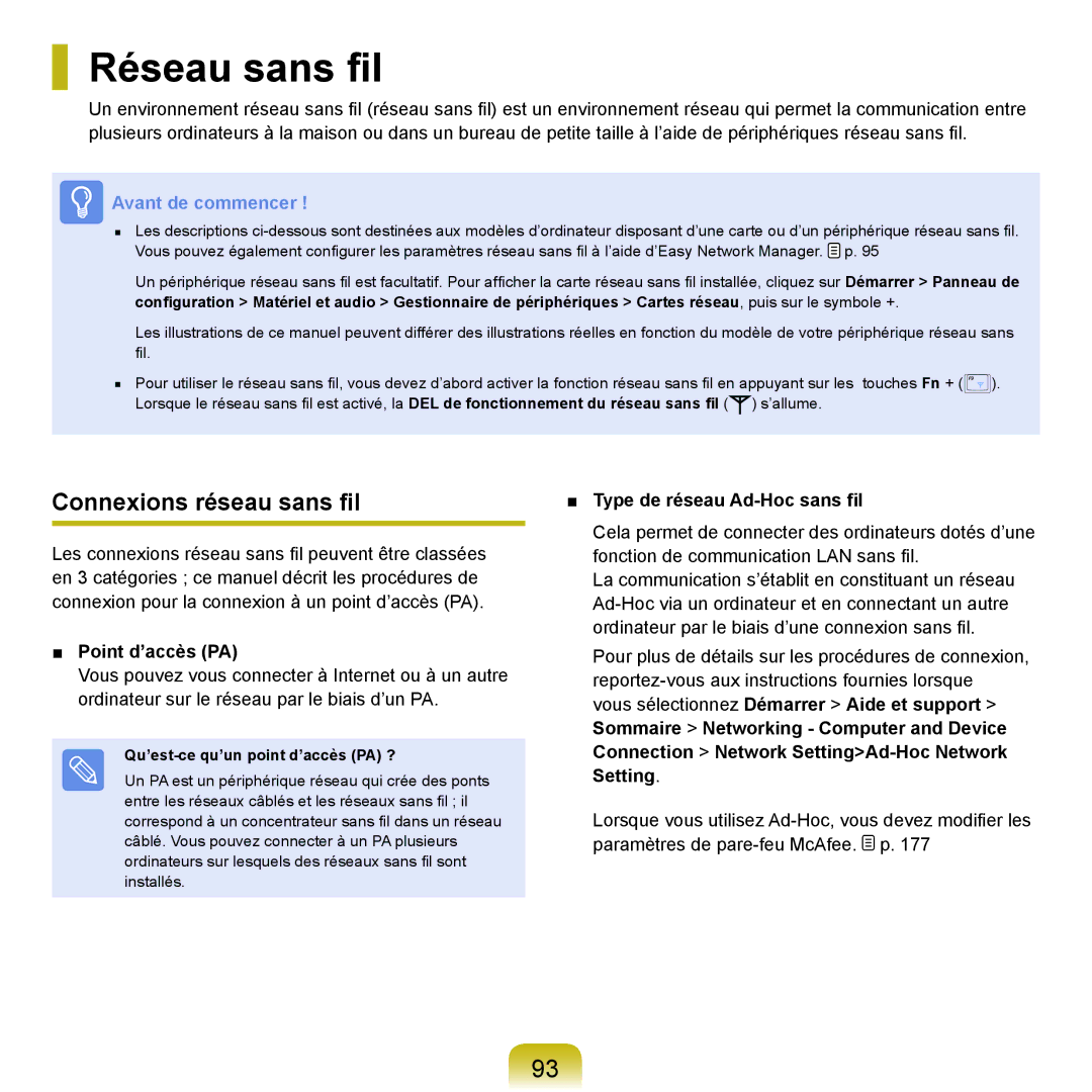 Samsung NP-X22A005/SEF manual Réseau sans fil, Connexions réseau sans fil, Point d’accès PA, Type de réseau Ad-Hoc sans fil 