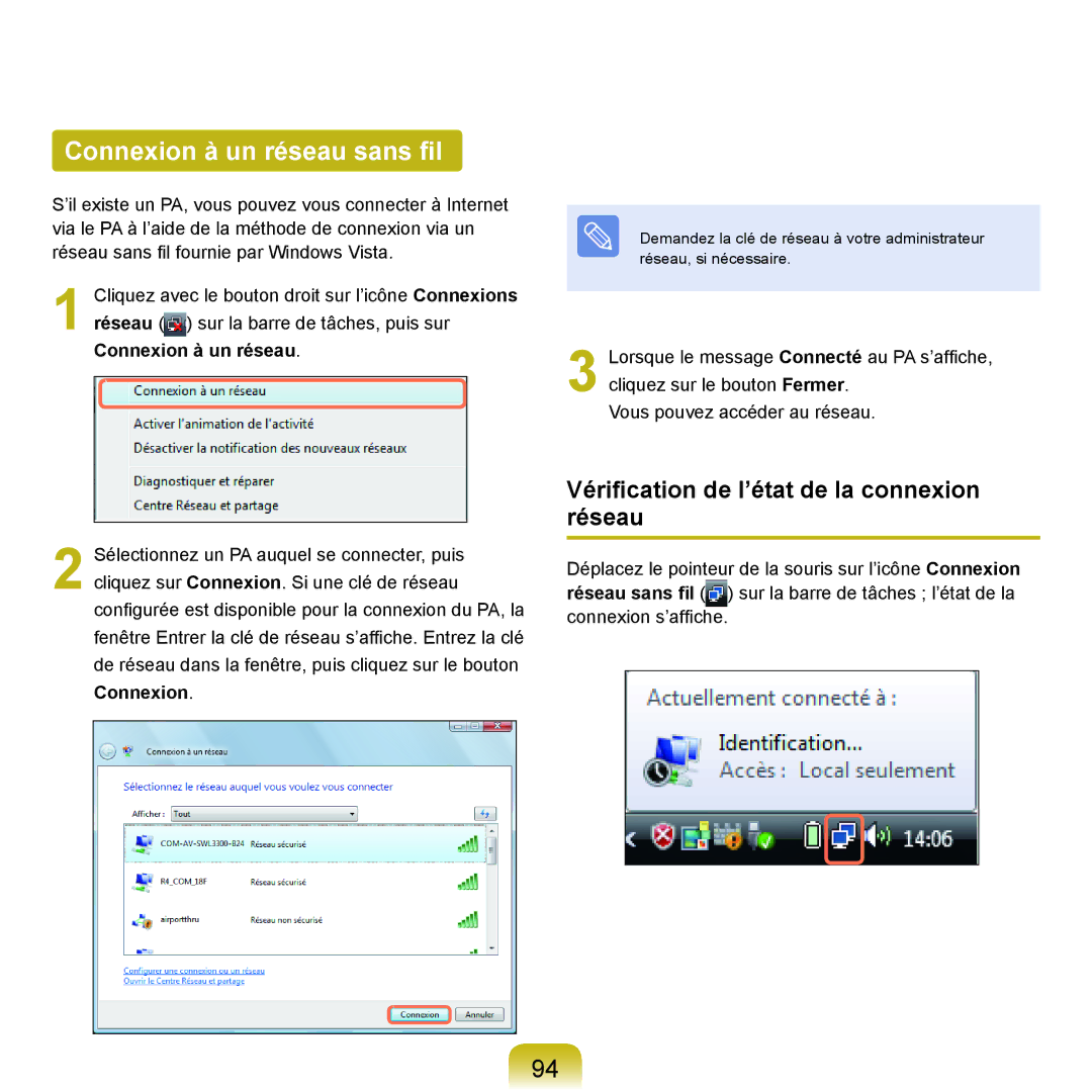 Samsung NP-X22A002/SEF, NP-X22T000/SEF manual Connexion à un réseau sans fil, Vérification de l’état de la connexion réseau 