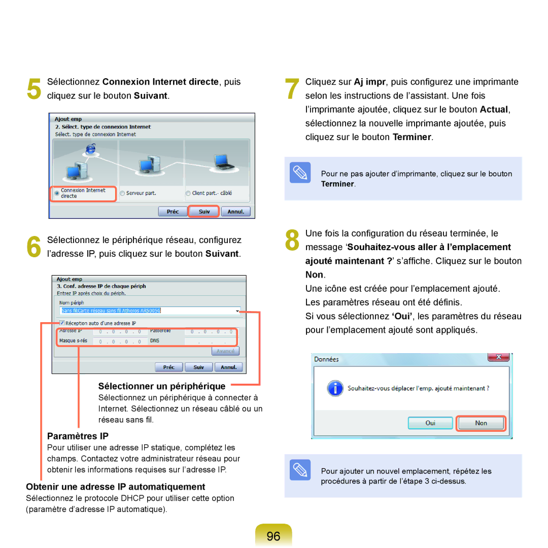 Samsung NP-X22T001/SEF manual Sélectionnez Connexion Internet directe, puis, Sélectionner un périphérique, Paramètres IP 