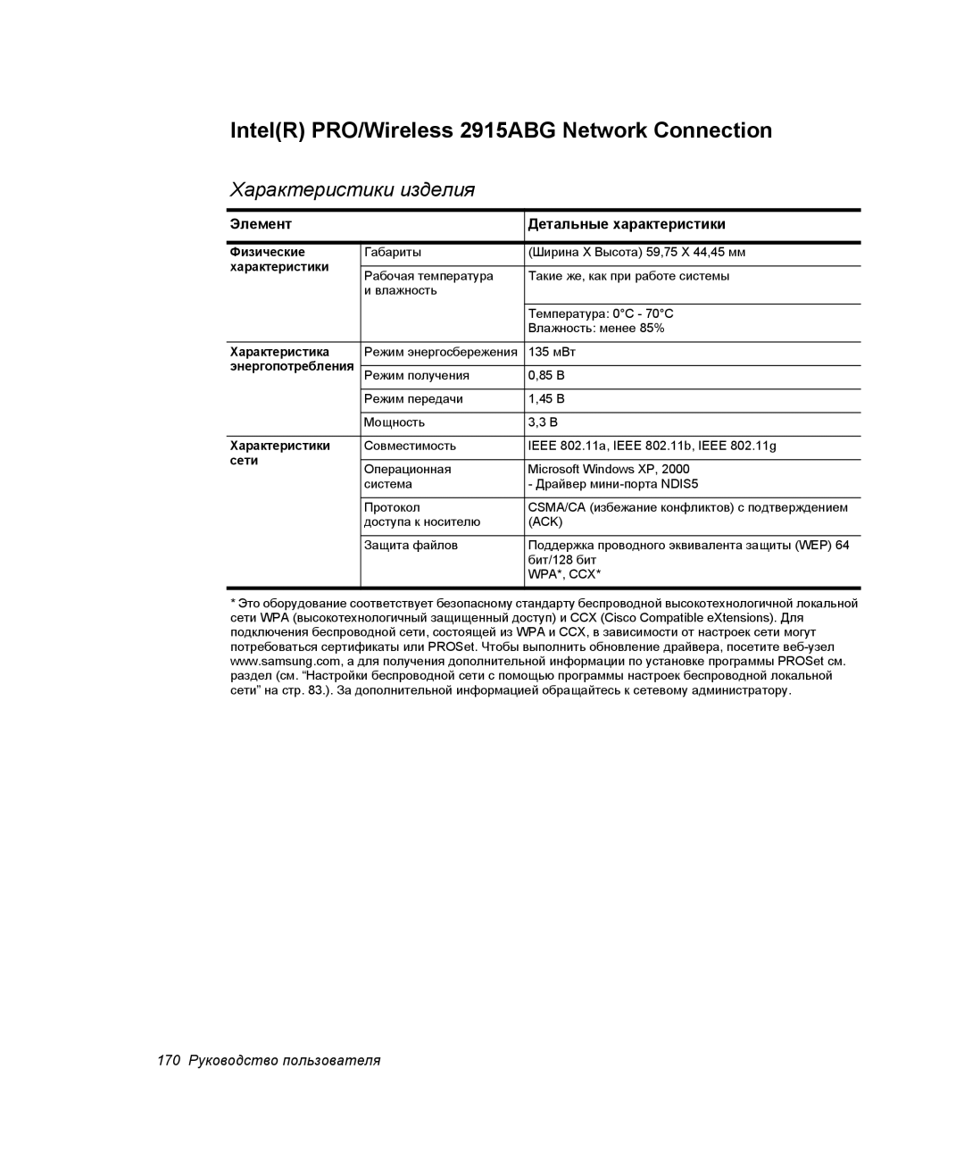 Samsung NP-X25T001/SER, NP-X25T003/SER, NP-X25T001/SEK manual IntelR PRO/Wireless 2915ABG Network Connection 