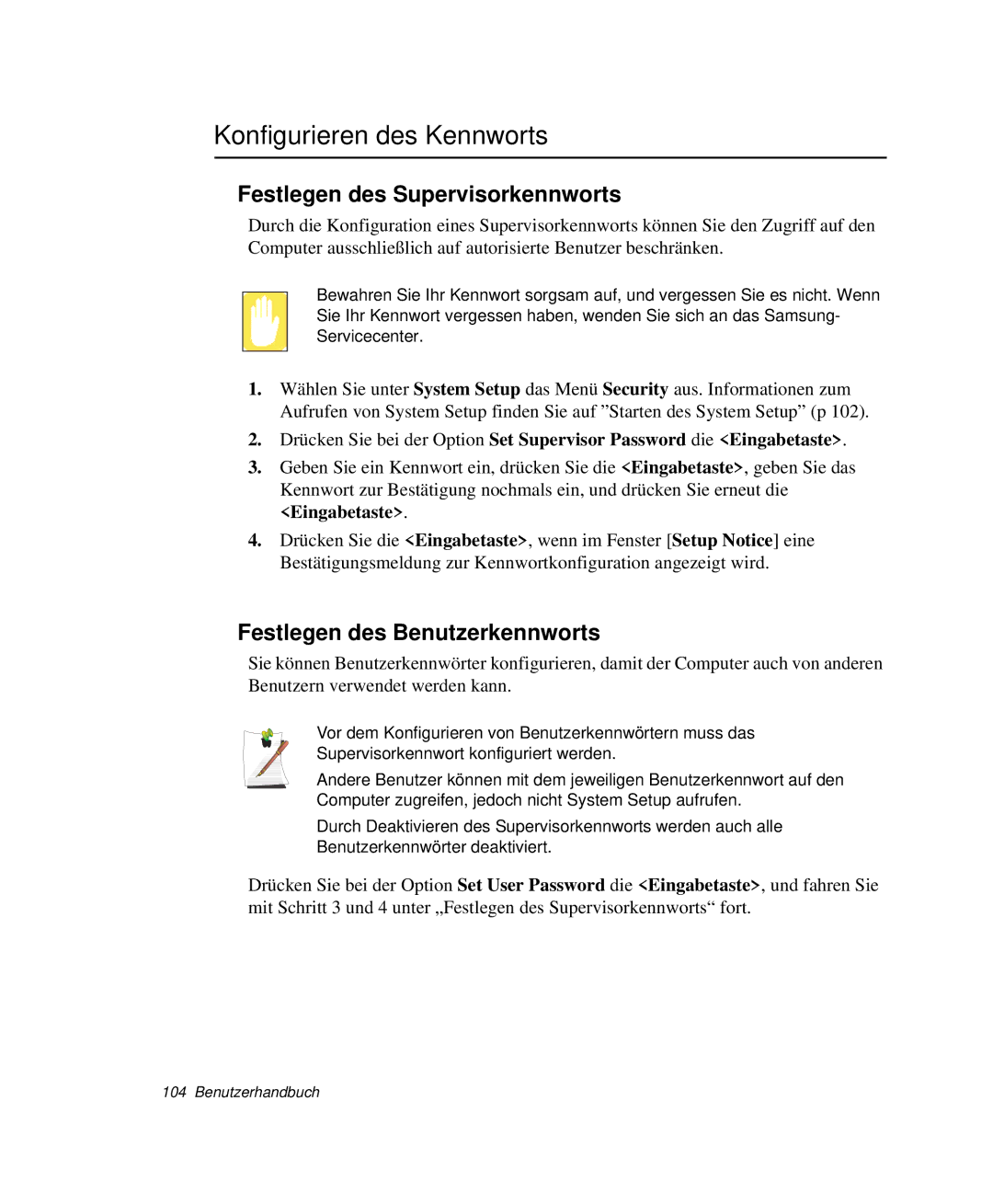 Samsung NP-X50T004/SCH Konfigurieren des Kennworts, Festlegen des Supervisorkennworts, Festlegen des Benutzerkennworts 